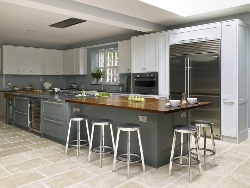 Tile flooring, timber top island, marble top island, shaker cabinets, double fridge