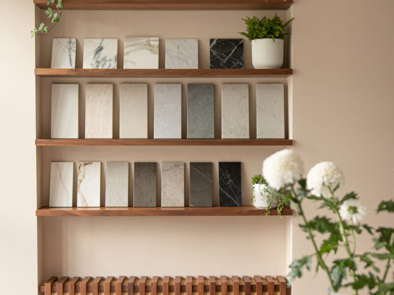 Display shelves with marble and stone samples